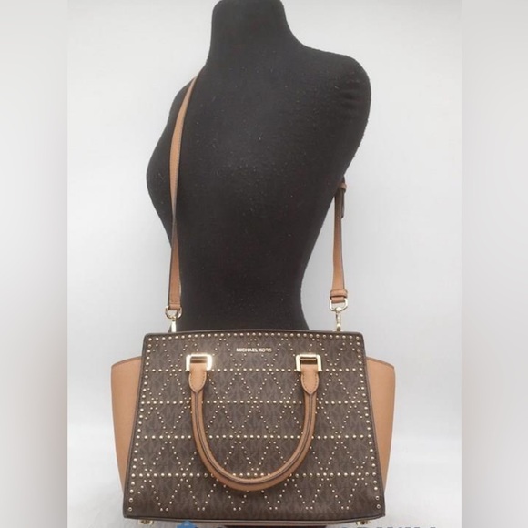 Michael Kors Brown Leather Pyramid Quilt Studded Selma Satchel